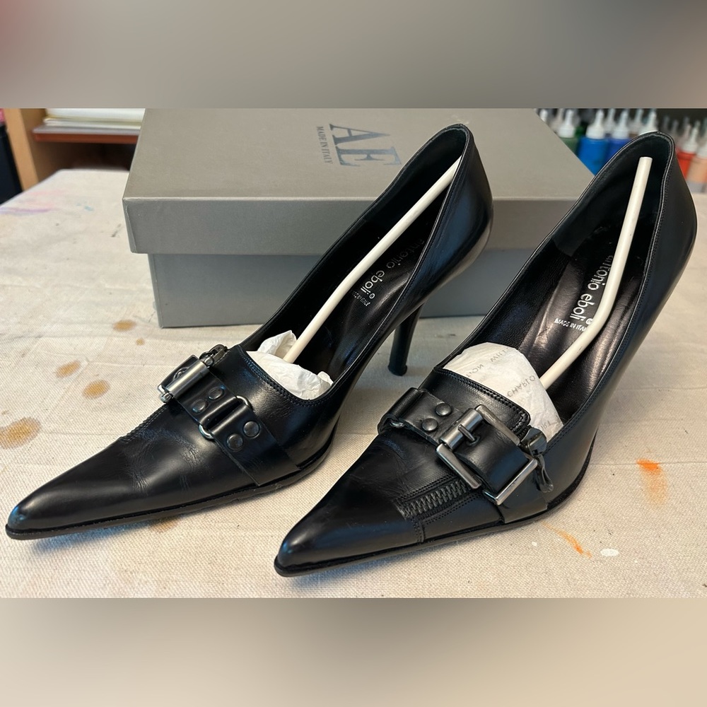 Antonio Ebola Pointy Toe Zipper/Buckle Black Pumps - Made In Italy